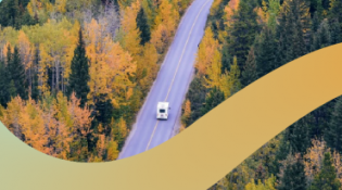 a truck driving down a road surrounded by trees